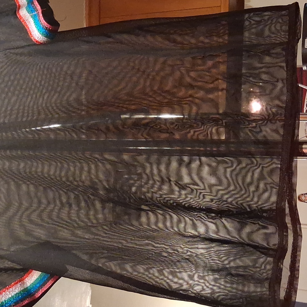 NWT DISCREET Black Sheer Top with Colorful Striped Sleeves - Picture 3 of 3